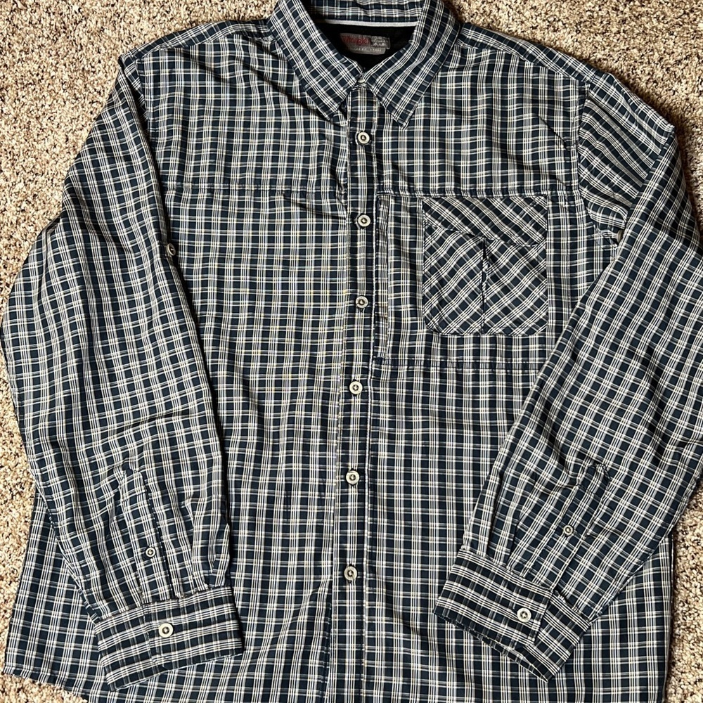Wrangler Button Up Shirt Mens Large Blue Plaid Vented Hiking Long Sleeve